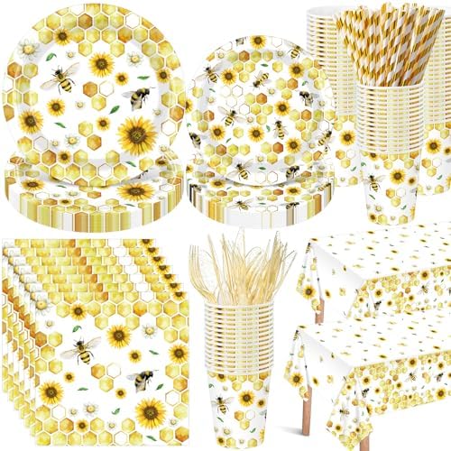 LemonRoad 452 Pcs 50 Guests Bee Paper Plates Cups Napkins Party Supplies Tablecloth Cutlery Straws Disposable Tableware Set for What Will Baby Bee Gender Reveal First Birthday Bridal Shower Decoration by Unknown