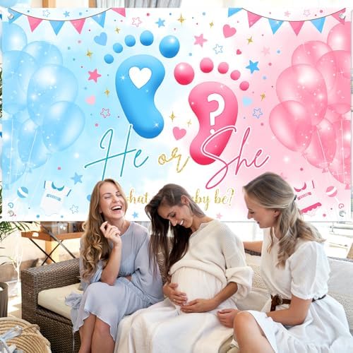 Mocsicka Gender Reveal Backdrop Blue or Pink Balloons Footprint He or She Gender Reveal Theme Banner Party Decorations Photo Booth Props (8x6ft) - Image 6