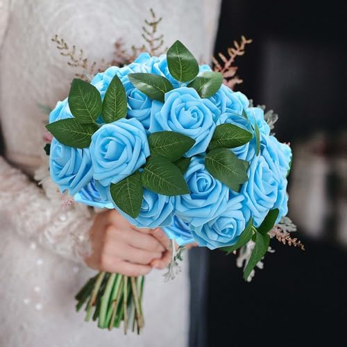 100 Pcs Artificial Foam Rose Flower Faux Bouquet Wedding Fake Rose Gift for Mother's Day Women DIY Bridal Shower Party Table Birthday Home Spring Decor (Light Blue) - Image 3