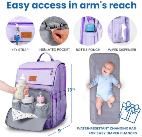 Baby Shower Gifts for Mom - Diaper Bag Backpack - 16 Organizer Pockets Baby Diaper Bag w/ Insulated Bottle Holders & Wipes Pocket, Large Capacity Baby Bag Backpack - Waterproof & Easy to Clean, Purple - Image 5