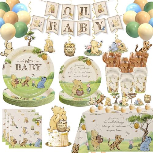 Neutral Classic Winnie Bear Baby Shower Decorations Plates Set by Lopeastar