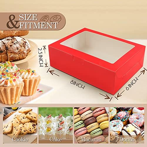 KPOSIYA 65 PCS 8x6x2.5 Inch Cookie Boxes with Window Red Bakery Boxes Pastry Boxes for Gift Giving, Treat, Dessert, Cupcakes, Chocolate, Strawberries, Donuts, Muffins (5 Style Windows) - Image 2