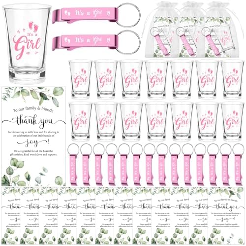 36 Sets Baby Shower Favor for Guests It's a Girl Acrylic Shot Glasses with Bottle Opener Keychains Thank You Card Organza Bag Boy Girl Theme Party Thank You Return Gift for Gender Reveal by Unknown