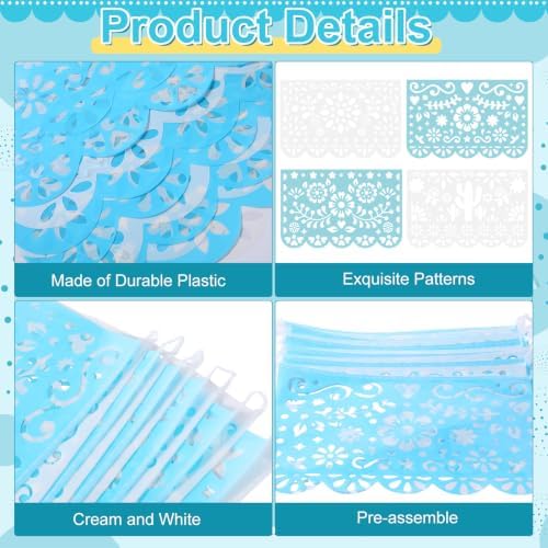 Tiamon 12 Pack Mexican Party Decorations Plastic Papel Picado Banner Garland Waterproof Cielito Lindo Decor for Baby Shower Day of The Dead Wedding Cinco De Mayo Outdoor Decor (Blue White) - Image 3