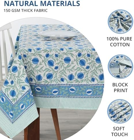 Ridhi Queen Blue Hand Block Print Cotton Rectangle Tablecloth 160 x 72 Inch - Image 6