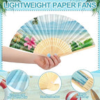 Roowest 36 Pcs Summer Tropical Folding Hand Fan Bulk Ocean Beach Lagoon Party Paper Fan with Blue Bow Palm Tree Landscape Handheld Fans for Luau Birthday Bridal Wedding Tea Party Hawaiian Decor - Image 3