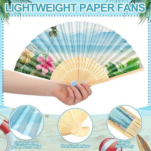Roowest 36 Pcs Summer Tropical Folding Hand Fan Bulk Ocean Beach Lagoon Party Paper Fan with Blue Bow Palm Tree Landscape Handheld Fans for Luau Birthday Bridal Wedding Tea Party Hawaiian Decor - Image 3