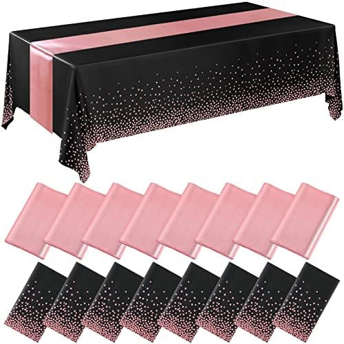 Tudomro 16 Pack Black and Rose Gold Plastic Tablecloths Satin Runner Set by Tudomro