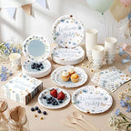 Pickmesh 250 Pcs Blue Floral Baby Shower Party Supplies Decorations Serve 50 Wildflower Welcome Baby Disposable Paper Plates Napkins and Cups for Birthday Babies Boy Shower Gender Reveal Party Decor - Image 6