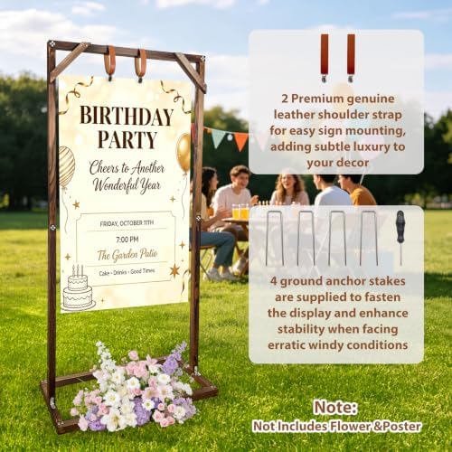 Wooden Welcome Sign Stand, Fixed Sign Holder , Wedding Welcome Sign Stand Wood Easel with Hanging Straps & Ground Stakes for Wedding decor, Birthday Party or Any Event, 63" x 30" x 11.8" - Image 5