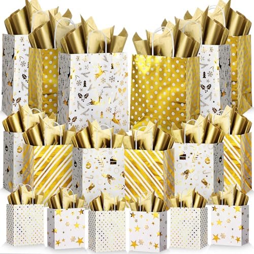 Humyoun 18 Pack Christmas Paper Gift Bags Bulk Assorted Sizes, White, Gold by Humyoun