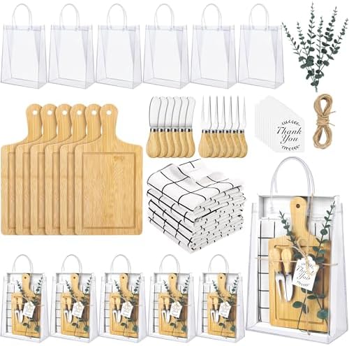 Kochorie 6 Sets Baby Shower Prizes for Game Winners 49 Pcs Square Bamboo Cheese Board Gift with Knives Spoons Gift Bags Kitchen Towels Bridal Shower Party Favors for Guests by Kochorie