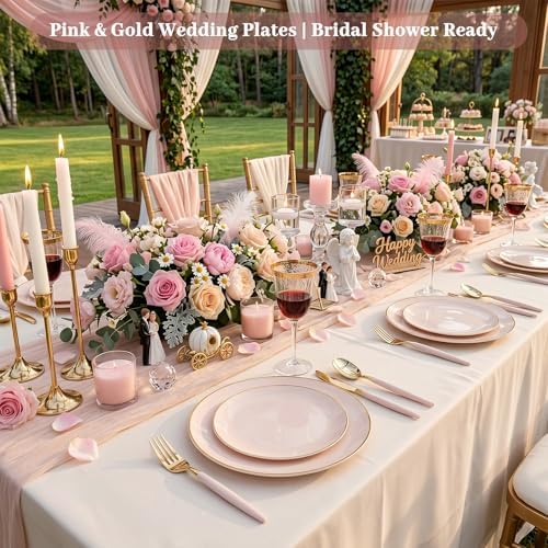 DaYammi 150Pcs Pink Plastic Plates with Gold Rim,Elegant Disposable Dinnerware with Gold Cutlery - 30 Dinner Plate,30 Dessert Plate,30 Knives,30 Forks,30 Spoons,Fancy Pink Plates for Party Wedding - Image 6