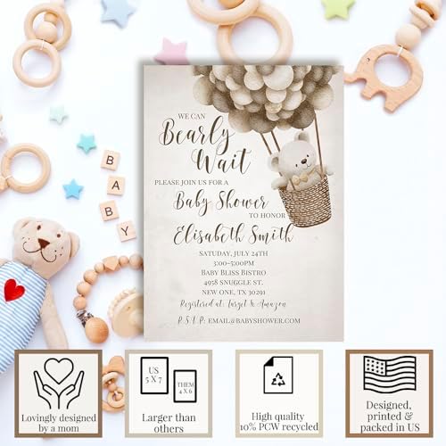 Amanda Creation Teddy Bear Baby Shower Invitations, 20 Personalized 5x7 Custom Baby Shower Invitations with Envelopes, Tan Bear Balloon Design - Image 2