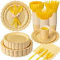 Ziliny 350 Pcs Light Yellow Plates and Napkins, 50 Guest Spring Easter Party Supplies Include Scalloped Paper Plates Napkins Cups Plastic Spoons Forks Knives Disposable Tableware Set for Baby Shower by Ziliny