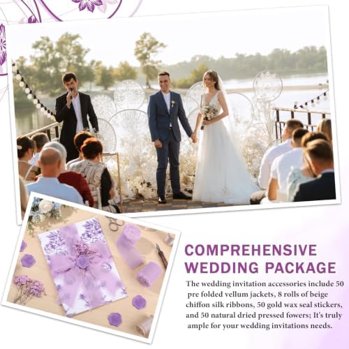 Fullhawl 50 Sets Wedding Invitations Wraps Set Pre Folded Vellum Jackets for 5 x 7 Invitations Dried Flowers Wax Seal Stickers Chiffon Silk Ribbon for Wedding Birthday Bridal Shower (Light Purple) - Image 6