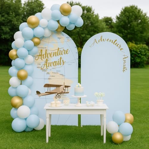 Set of 2 Arch Backdrop Covers Adventure Awaits Baby Shower Arch Stretchy Cover Airplane Travel Map Theme Birthday Party Decorations (7.2FT & 6.6FT,Blue) - Image 4