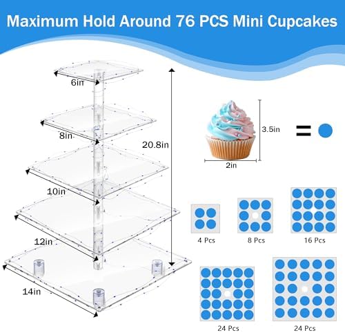YestBuy 5 Tier Cupcake Stand Acrylic Cupcake Tower Display with LED Light Premium Cupcake Holder Dessert Tree Tower for Birthday Cady Bar Party Décor Weddings, Birthday Parties Events (Blue Light) - Image 5