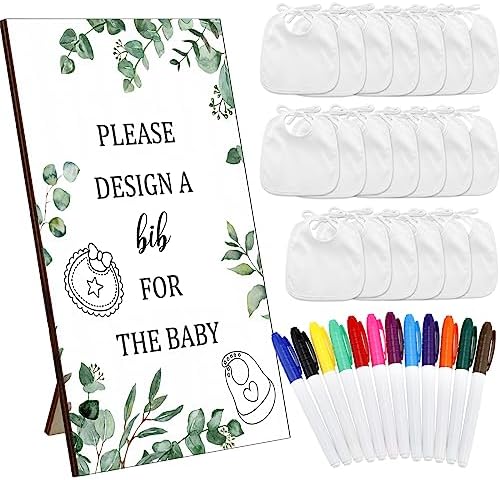 Panitay 43 Pcs Baby Shower Games Design a Bib, 12 Markers, Greenery by Panitay