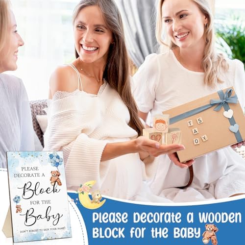 Qilery 75 Pcs Baby Shower Game Sign Kit Wood Blocks, Blue, Bear - Image 6