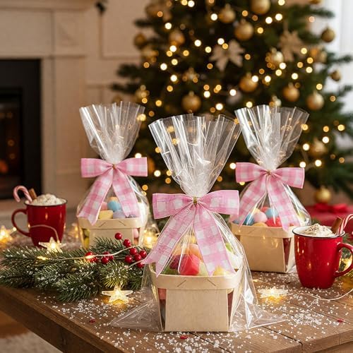 Kigley 24 Set Pink Gingham Wooden Gift Baskets with Cellophane Bags Bows - Image 3