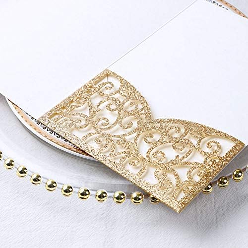 ponatia 5.12 x 7.2 Laser Cut Invitation Pocket, 20PCS Tri-Fold 5 x 7 Laser Cut Wedding Invitation Pockets with Envelopes for Wedding Bbay Shower Birthday Invite (Gold Glitter, No Inner Sheet) - Image 6