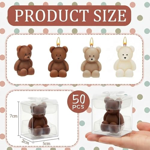 50 Pcs Bear Candles Baby Shower Favors,Light Brown, Brown, White - Image 2