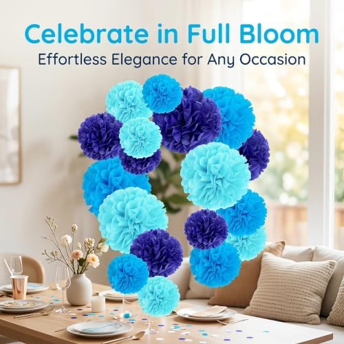 Blue Paper Pom Poms Set, 36pcs Tissue Hanging Decor - Image 3