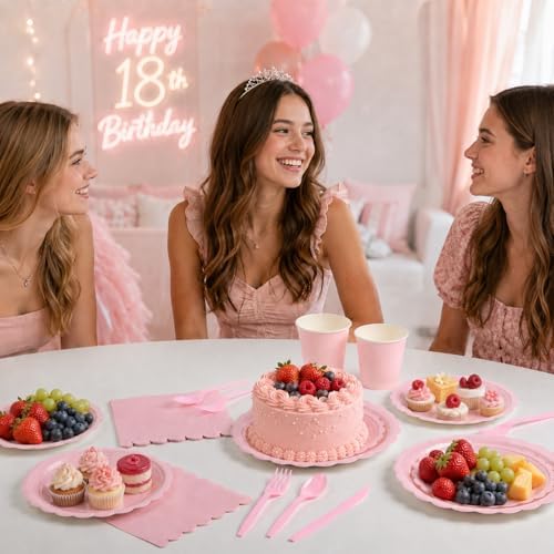 350 Pcs Light Pink Paper Plates and Napkins Dinnerware Set, Serves 50 - Image 4
