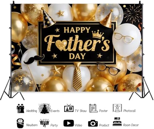 10x8ft Fathers Day Backdrop Golden and White Balloons Happy Father's Day Decorations Background Golden Tie I Love Dad Party Family Party Baby Shower Party Banner Photo Booth - Image 3