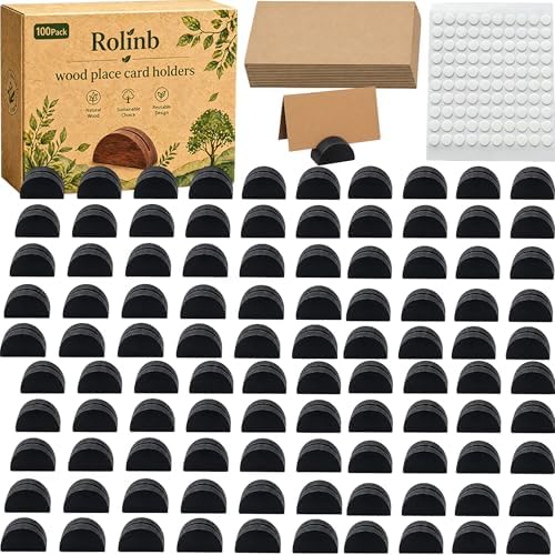 100PCS Wood Place Card Holders with Cards & Self-Adhesive, Pine Wooden Semicircular Design Table Number Name Card Stands for Wedding Baby Shower Birthday Party Menu Cafe (100, Black) by Rolinb