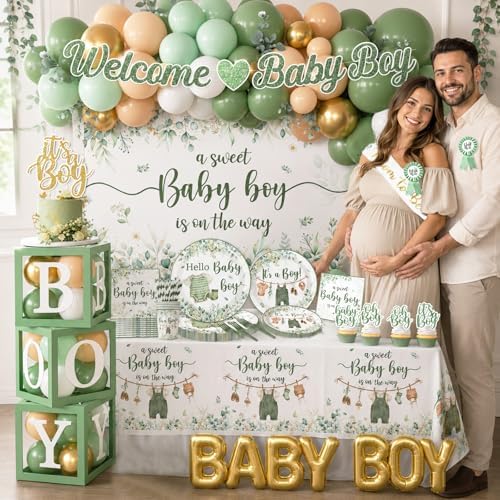 Baby Boy Shower Decorations,267pcs Baby Shower Decorations Green Plates and Napkins Cups Banner Backdrop Tablecloth Cake Topper Balloon for Sweet Baby Boy Baby Shower Decorations - Image 2