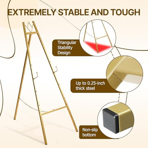 57.5" Gold Easel Stand for Sign, Wedding Sign Stand for Display, Assembly Required, 4 Adjustable Height Levels Heavy Duty Metal Display Stand Floor Standing Easels for Art, Paintings, Pictures(2 Pack) - Image 6