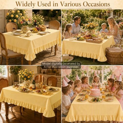 Striped Ruffled Tablecloth 60x120 Inch Cotton Polyester Striped Tablecloth Rectangular Fits 8-10 Seater Table Farmhouse Vintage Table Cover for Home Kitchen Baby Shower Birthday Party Picnic (Yellow) - Image 6