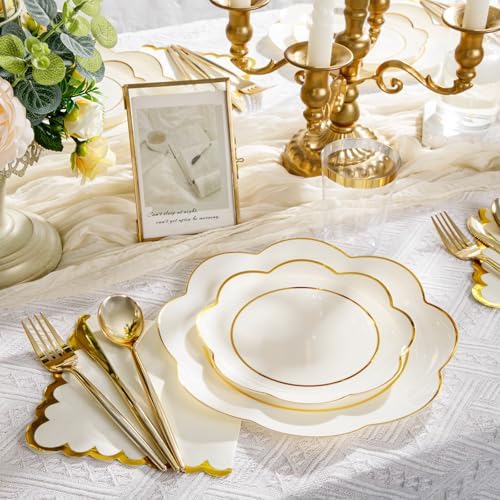 350Pcs Ivory Gold Rim Heavy Duty Plastic Plates Dinnerware Set - Image 2