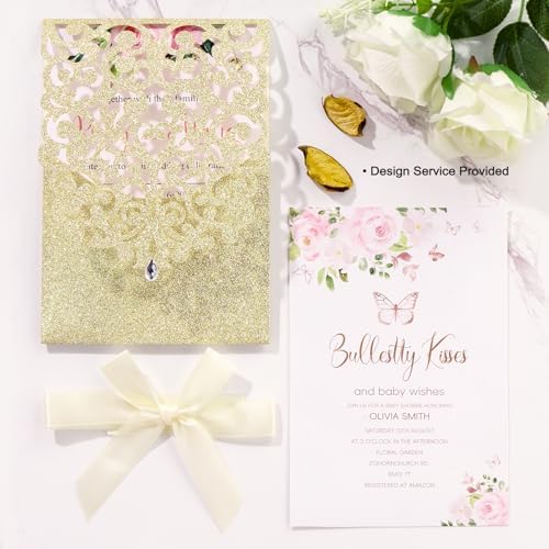 50pcs Gold Glitter Wedding Invitation, Laser Cut Invitation Sleeves & Cards - Image 3