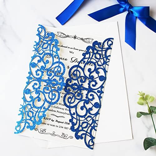 Hosmsua 20PCS Laser Cut Flora Lace Wedding Invitations Kit with Bowknot 5.12 x 7.3'' Invitations for Wedding Bridal Shower Engagement Quinceanera Party (Royal Blue Glitter) - Image 5
