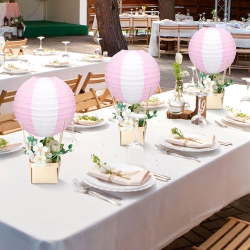 Rossesay 12 Sets Hot Air Balloon Decorations DIY Paper Lanterns Baby Shower Table Centerpieces Wooden Basket with Sticks for Gender Reveal, First Birthday Party, Wedding, Graduation(Pink) - Image 5