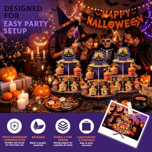 3 Tier Halloween Cupcake Stand with 12Pcs Cake Wrappers,12Pcs Cake Toppers - Image 3