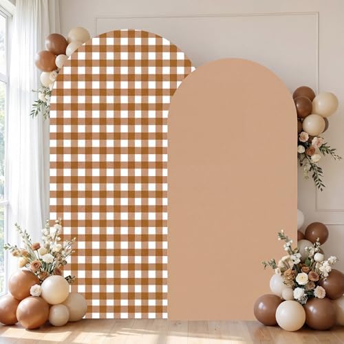 Tegeme 2 Set Gingham Arch Backdrop Cover 7.2ft 6.6ft Arch Cover, Khaki - Image 3