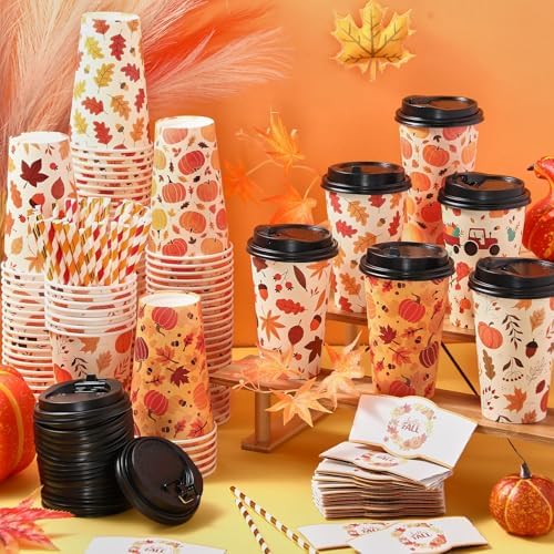 Jingmore 120 Sets 16oz Disposable Paper Coffee Cups with Lids Sleeves Straws Holiday Paper Drinking Cups Bulk for Hot Cold Beverages Home Business Cafe Birthday Party Supplies (Fall) - Image 6