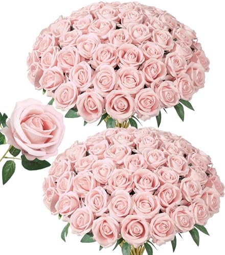 50 PCS Blush Roses Artificial Flowers, Fake Roses with Stem Realistic Silk Rose for DIY Wedding Bouquets Table Centerpieces Arrangements Baby Shower Birthday Home Decor Valentines Day Gift for Her by HyeFloraartificialflowers