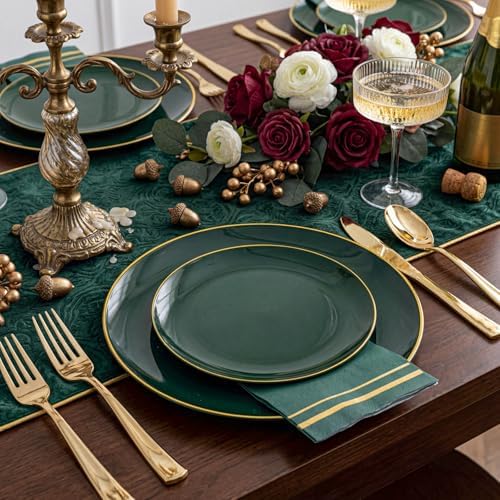 NOCCUR 350PCS Green Plastic Plates - Disposable Green Gold Dinnerware Set for 50 Guests, 100 Dinner/Dessert Plates, 150 Gold Silverware, 50 Cups&50 Napkins for Party ＆ Wedding ＆ World Cup 2026 - Image 3