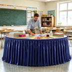 21ft Length Navy Blue Satin Table Skirt Rectangle Tables Wrinkle Resistant - Image 4