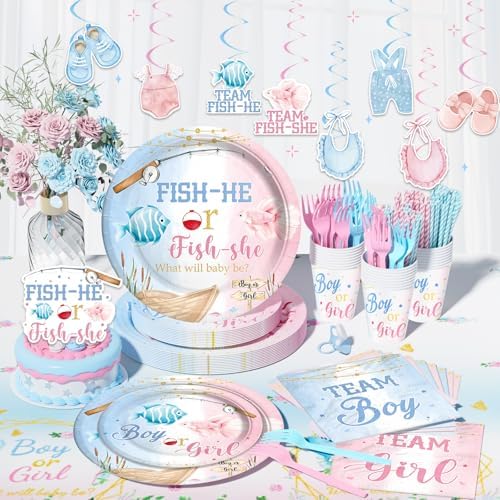 Gone Fishing Gender Reveal Decorations Tableware Set, 177 PCs Fish He or Fish She Supplies with Plates, Napkins, Forks, Banner, Tablecloth for Baby Shower Party, Serves 24 Guests - Image 5