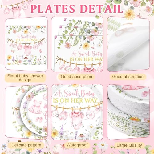 400 Pcs Pink Wildflower Girl Baby Shower Party Decoration for 50, Baby in Bloom Paper Plates Napkins and Cups Cutlery Floral Tableware Set for a Sweet Babys Is on Her Way Party Supplies - Image 2