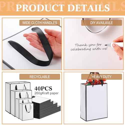 PerKoop 40 Pack Kraft Gift Bags with Handles, 4 Sizes Paper,White Black - Image 3