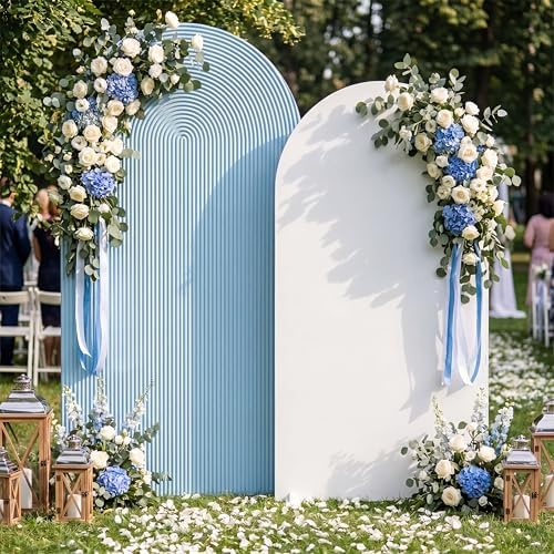2 Set Wedding Arch Cover Blue White Ripple & Solid Stretchy Backdrop Cover - Image 5