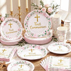 Pickmesh 250 Pcs Pink First Holy Communion Disposable Tableware Set God Bless Baptism Disposable Paper Plates Napkins and Cups for Girls Christening Celebration Baby Shower Religious Supplies Serve 50 - Image 3