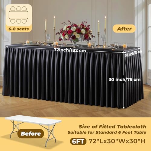 Black Polyester Table Cloths for Rectangle 6 Foot Tables, 2 Pack Wrinkle Free Tablecloths Stretchy Banquet Ruffle Fitted Table Cover Desk Skirt for Parties Wedding Birthday Baby Shower - Image 4